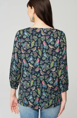 Bird-Printed Boat-Neck Top