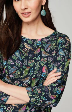 Bird-Printed Boat-Neck Top