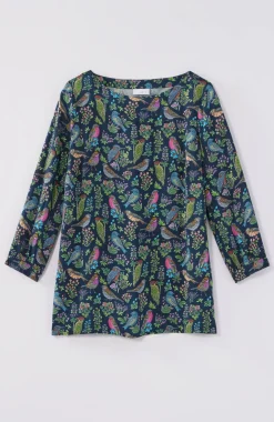 Bird-Printed Boat-Neck Top