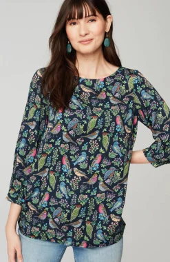 Bird-Printed Boat-Neck Top