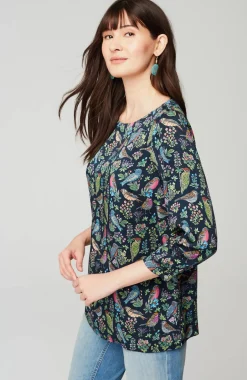 Bird-Printed Boat-Neck Top