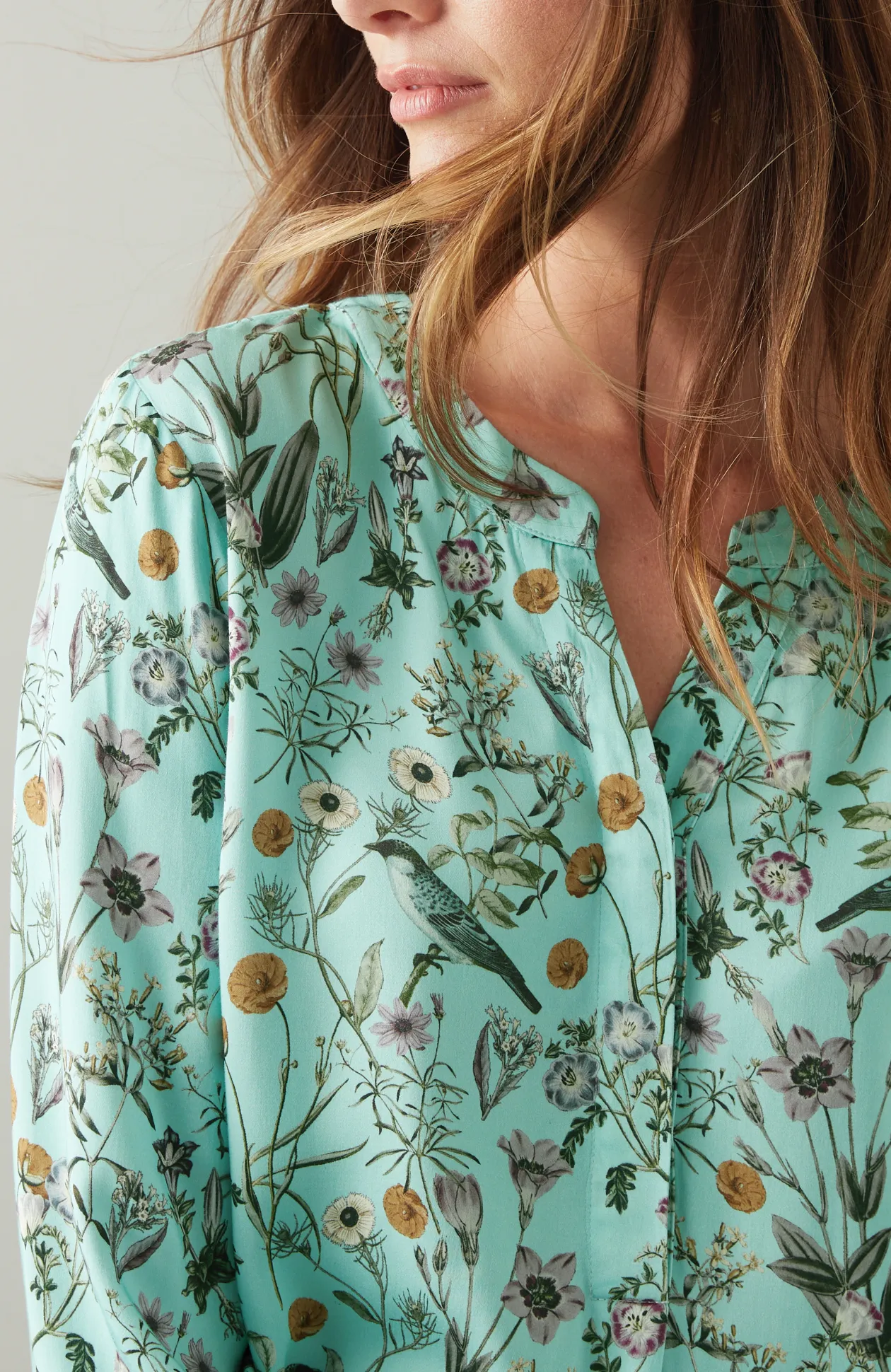 Botanical Birds Printed Satin Top