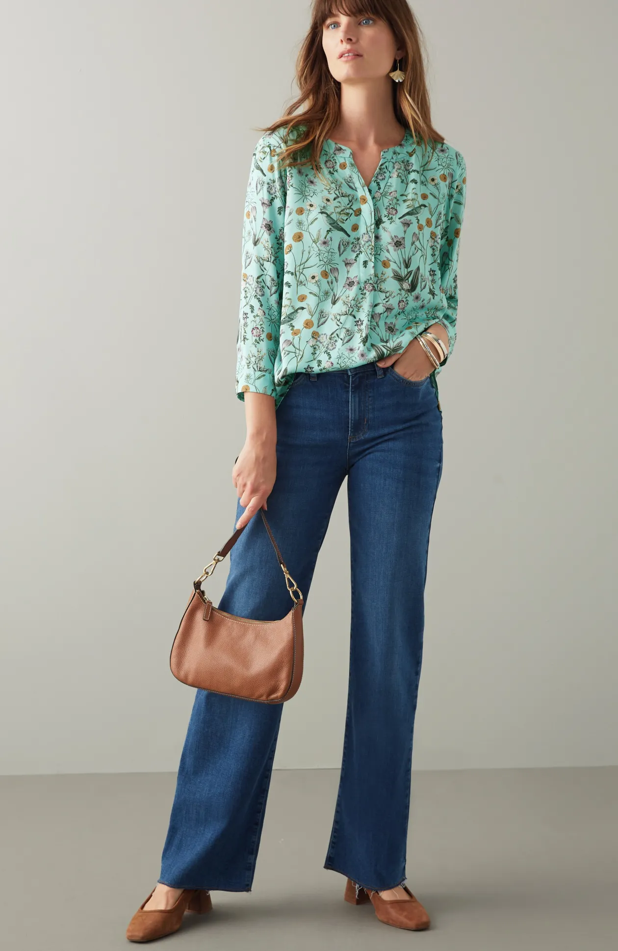 Botanical Birds Printed Satin Top