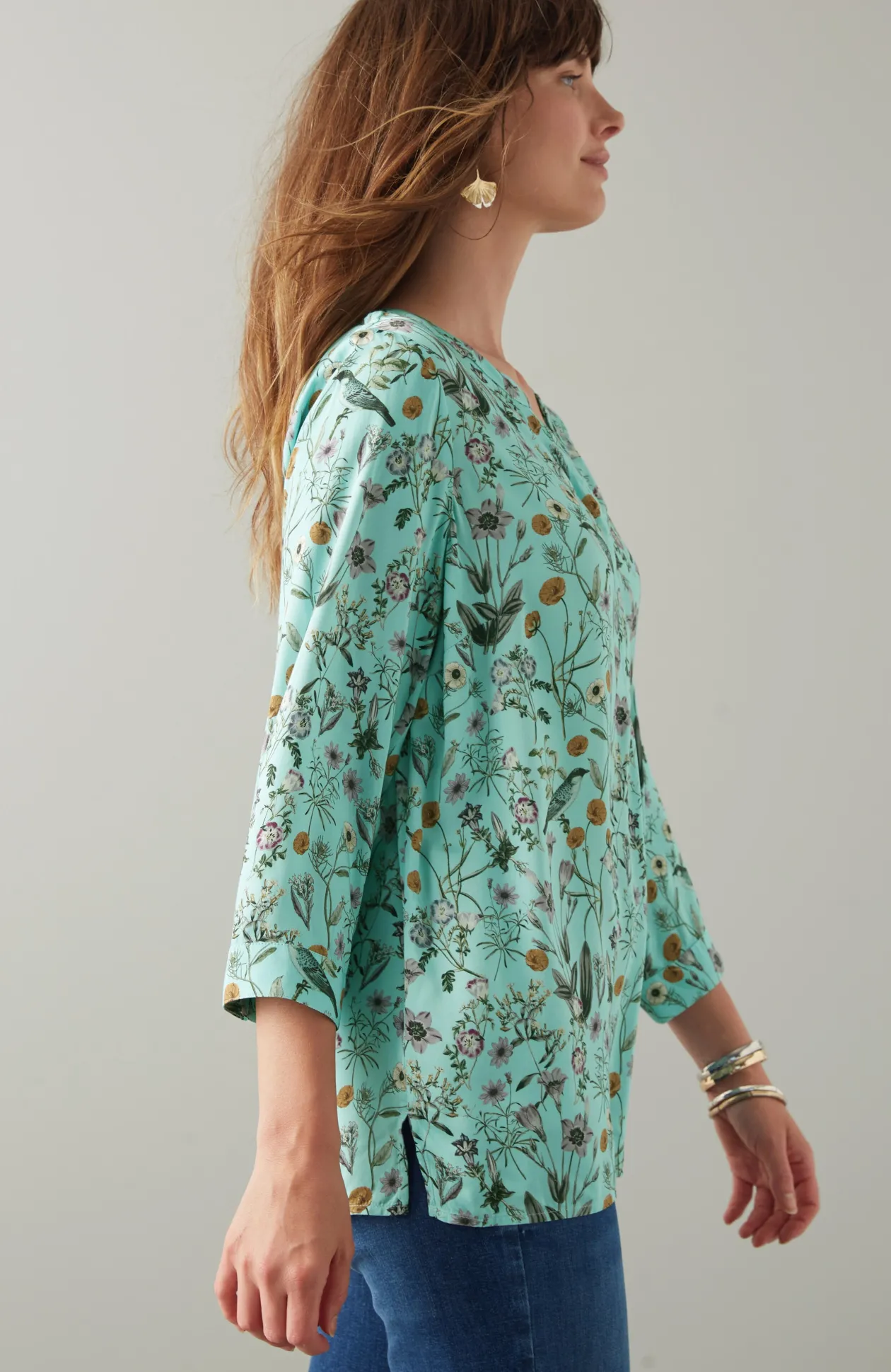 Botanical Birds Printed Satin Top