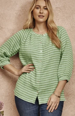 Cotton-Gauze Striped Button-Front Top