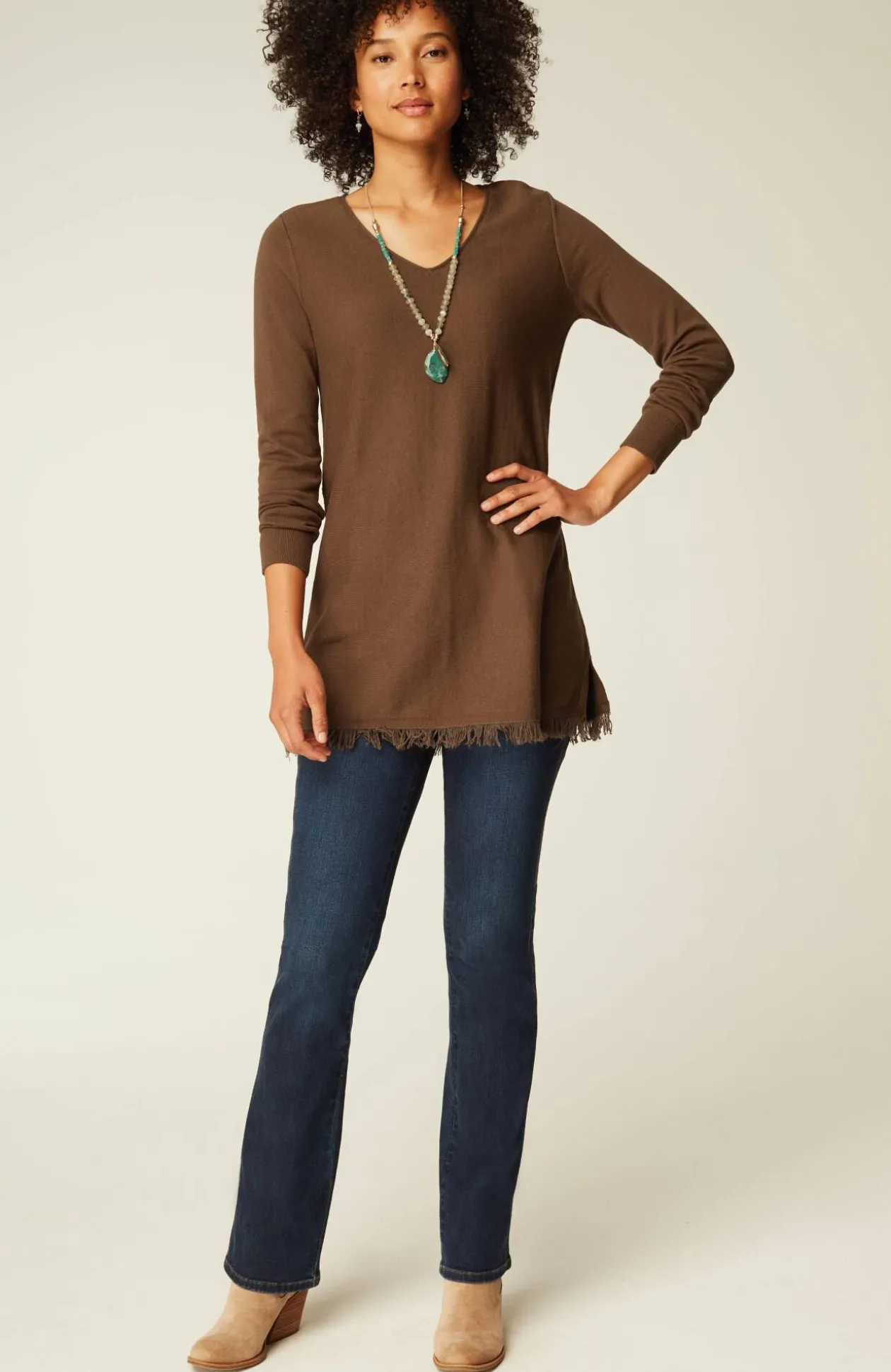 Easy Fringed-Hem V-Neck Tunic