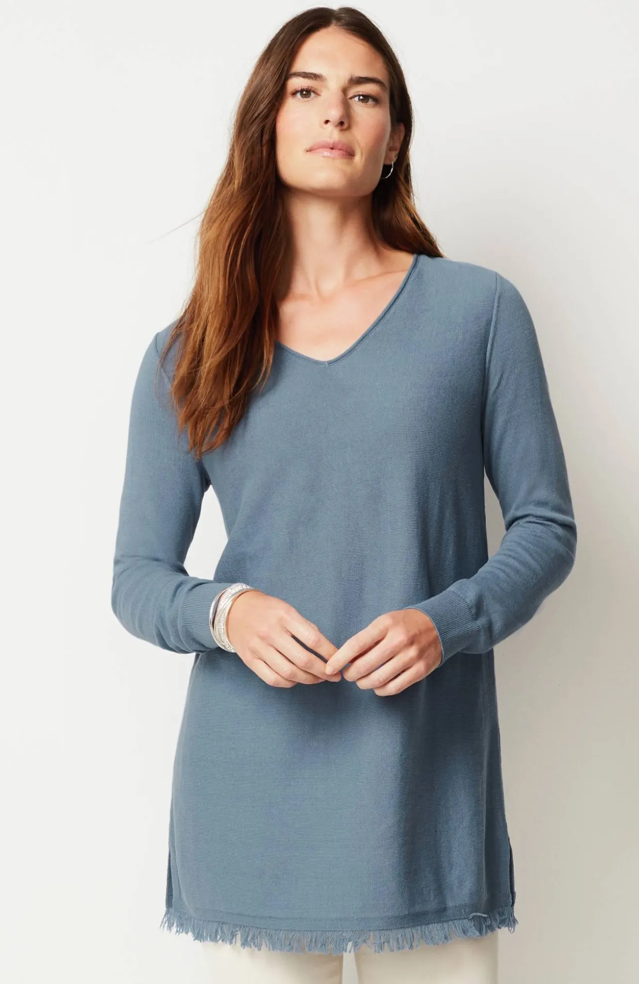 Easy Fringed-Hem V-Neck Tunic