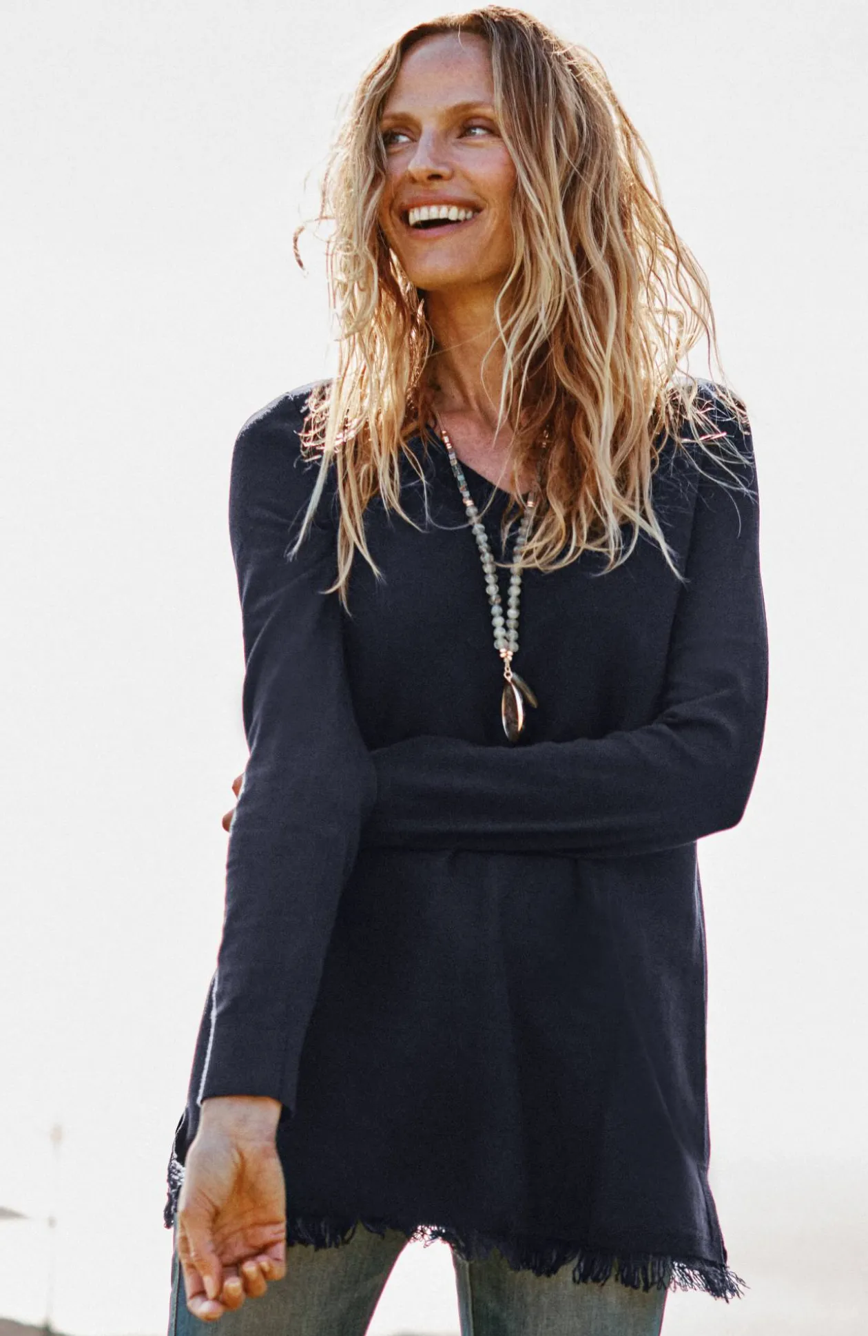 Easy Fringed-Hem V-Neck Tunic