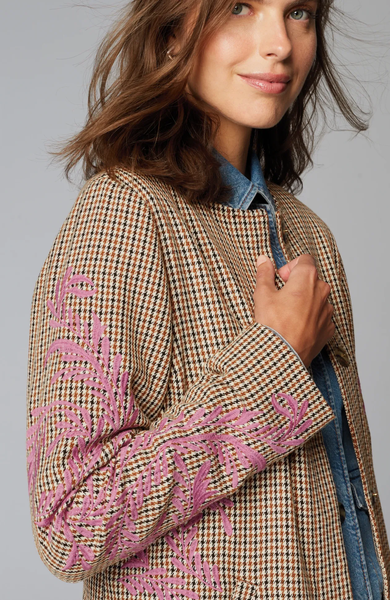 Embroidered Plaid Snap-Front Jacket