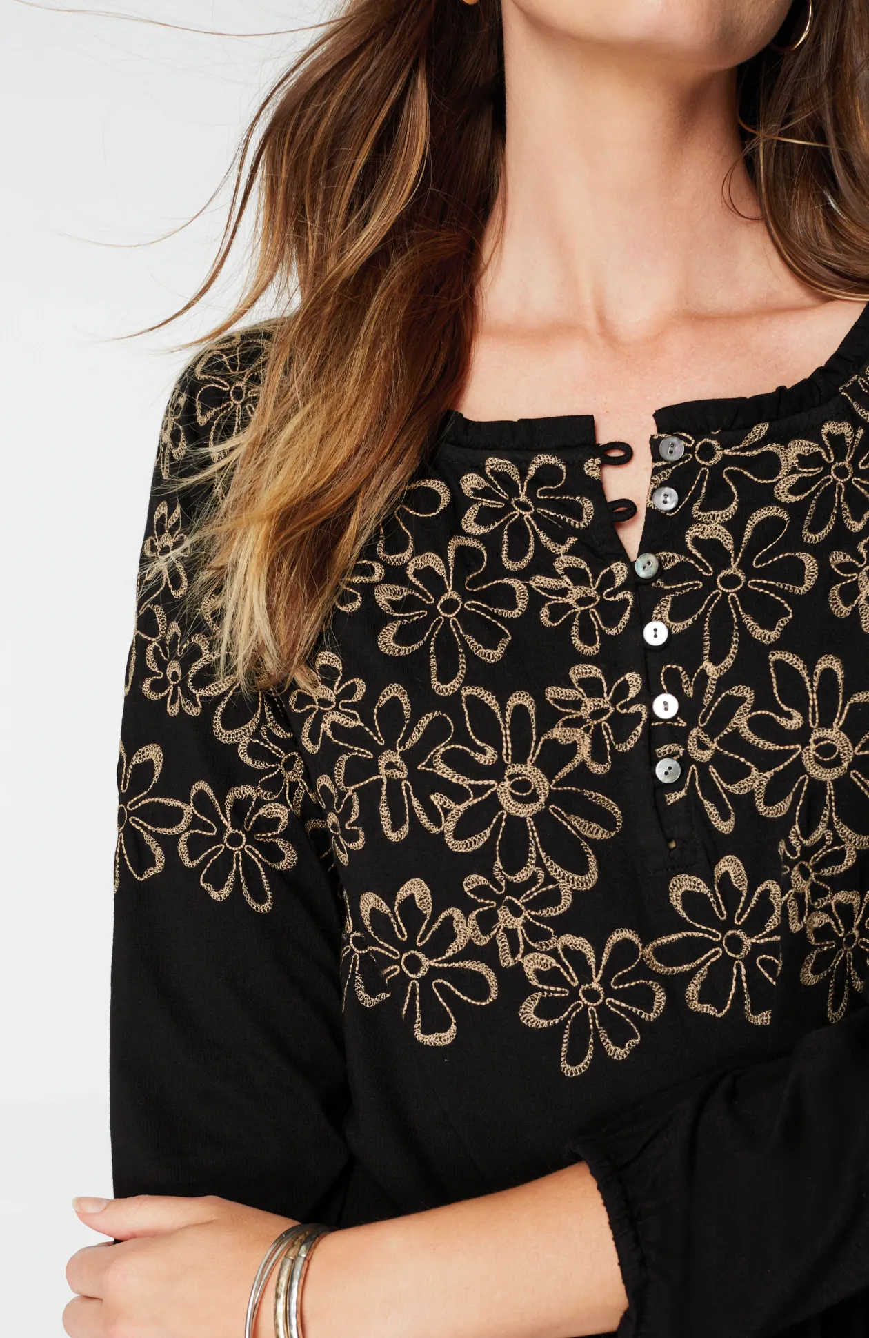 Floral-Embroidered Raglan-Sleeve Top