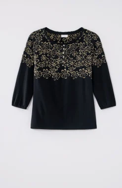 Floral-Embroidered Raglan-Sleeve Top