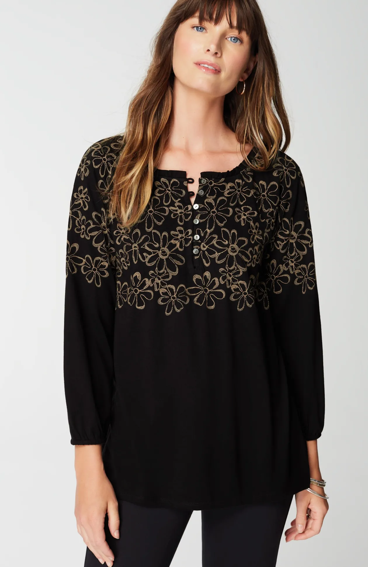 Floral-Embroidered Raglan-Sleeve Top
