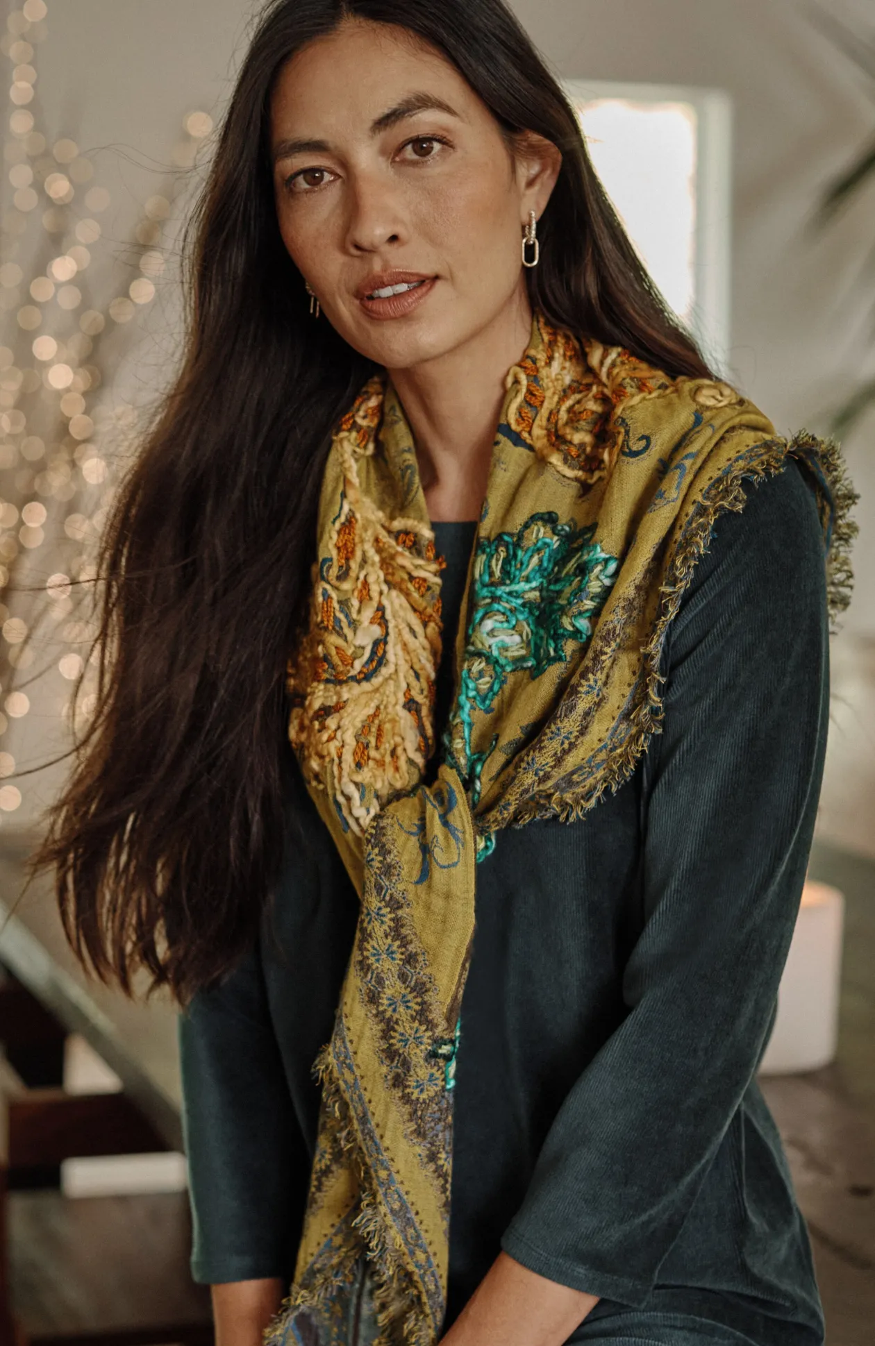 Floral-Embroidered Triangle Scarf