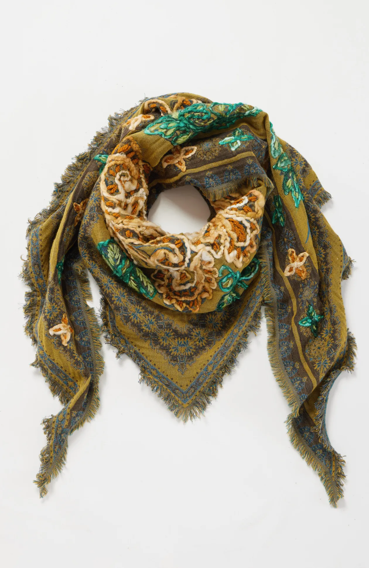 Floral-Embroidered Triangle Scarf