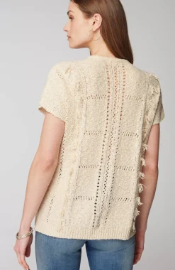 Fringed Open-Texture Short-Sleeve Sweater