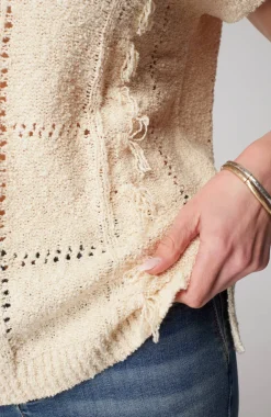 Fringed Open-Texture Short-Sleeve Sweater