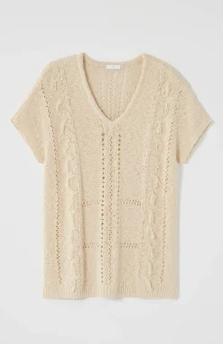 Fringed Open-Texture Short-Sleeve Sweater