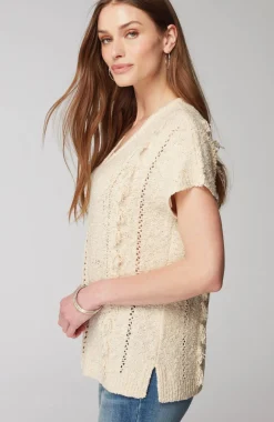 Fringed Open-Texture Short-Sleeve Sweater