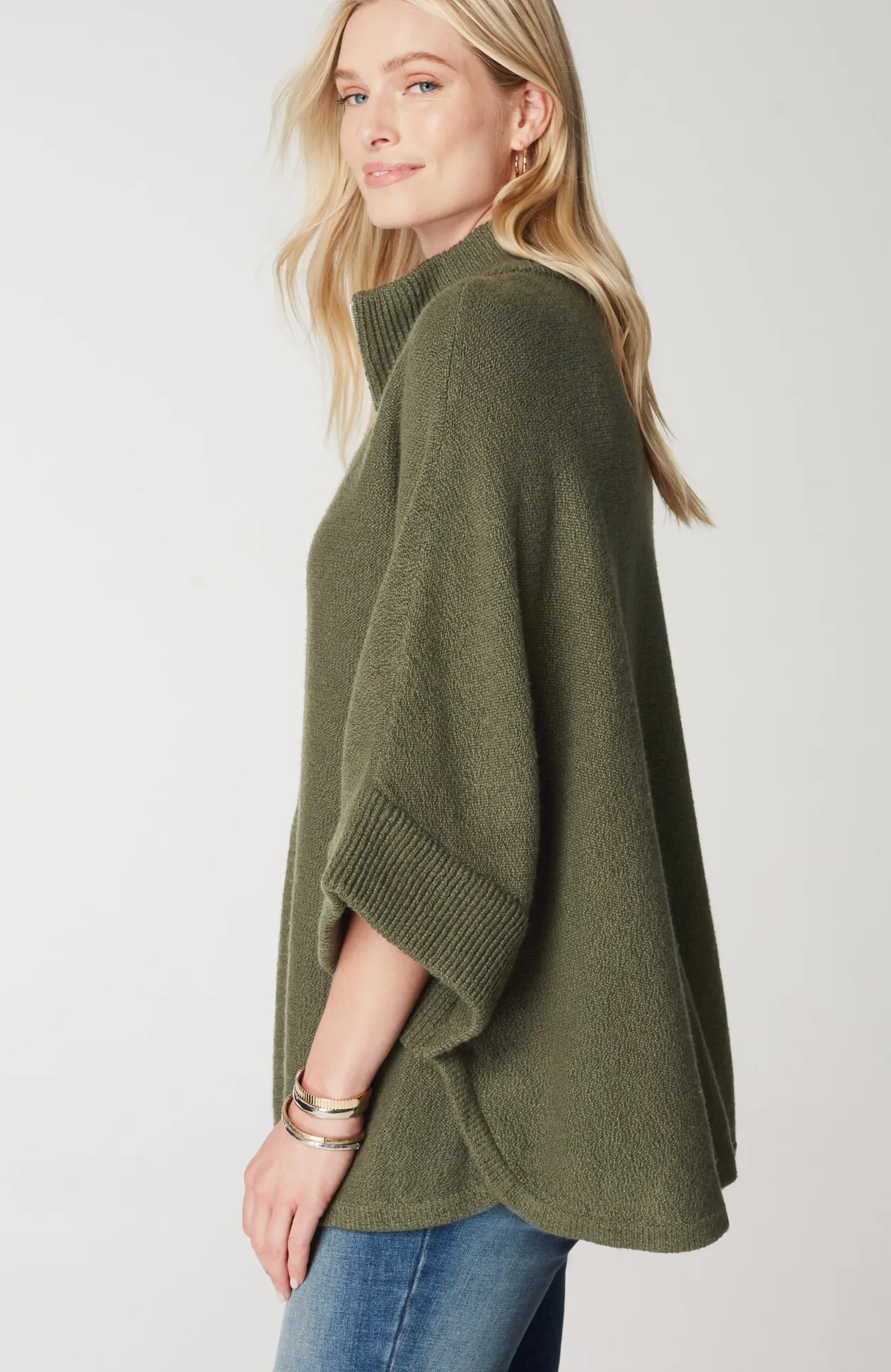 Jacquard-Knit Zip-Up Poncho