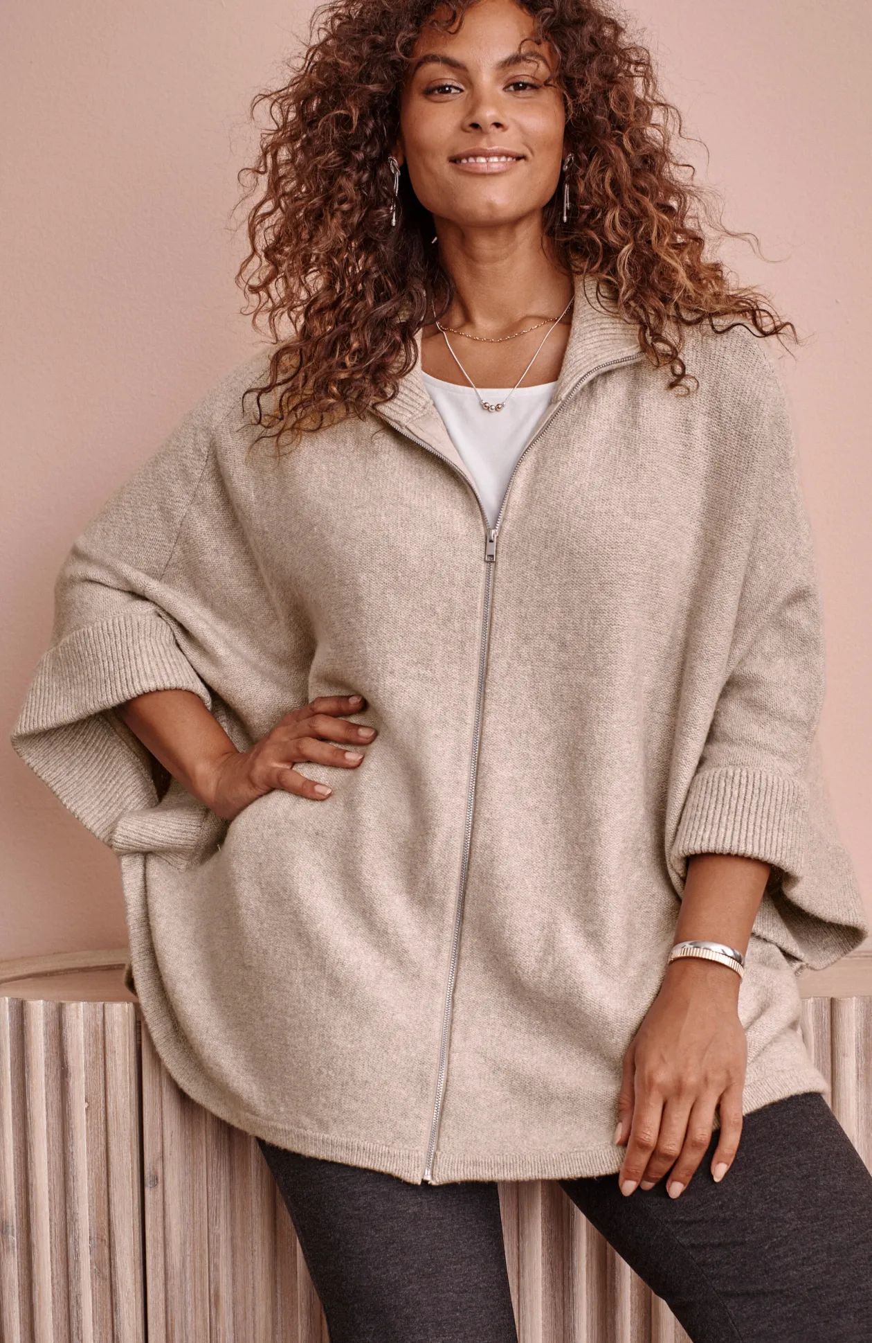 Jacquard-Knit Zip-Up Poncho
