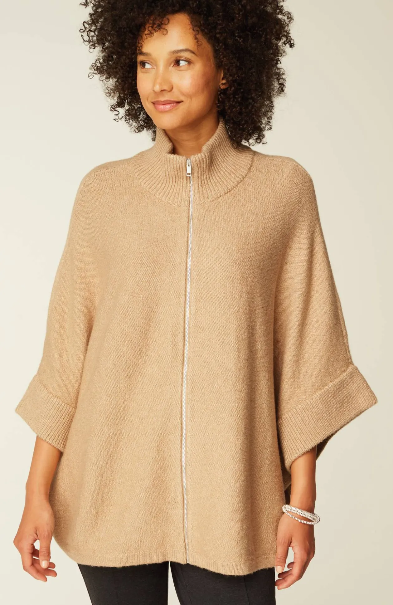 Jacquard-Knit Zip-Up Poncho