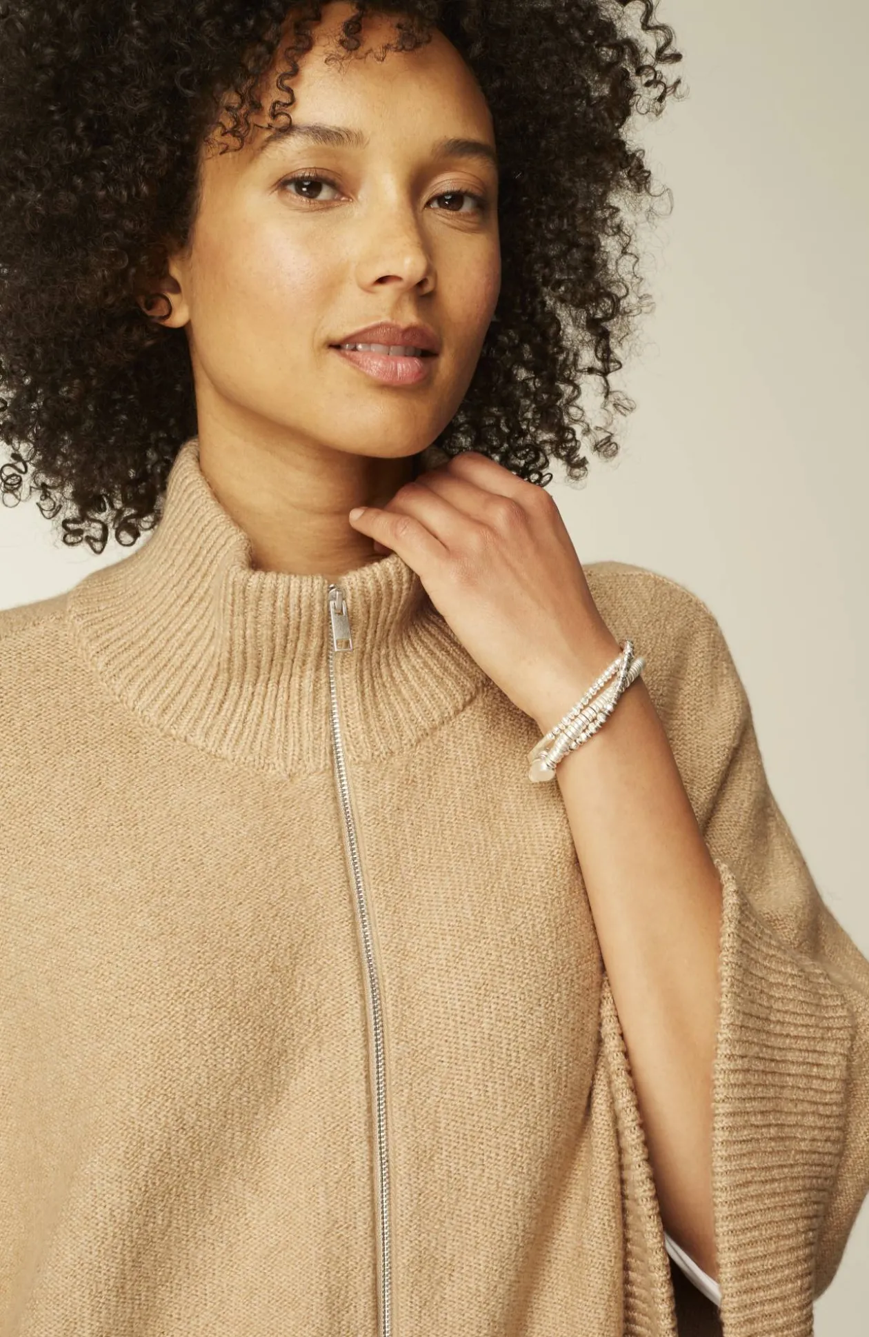 Jacquard-Knit Zip-Up Poncho