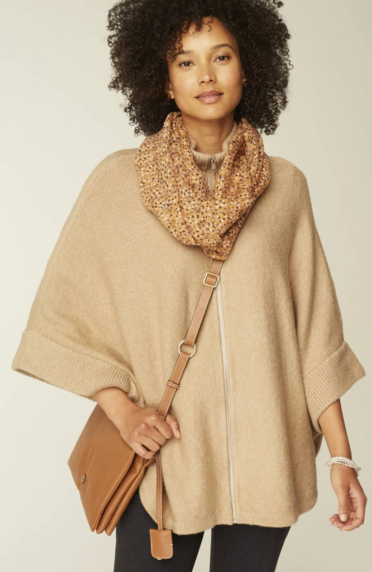 Jacquard-Knit Zip-Up Poncho