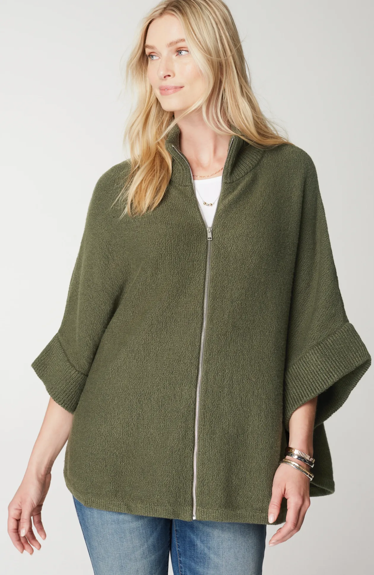 Jacquard-Knit Zip-Up Poncho