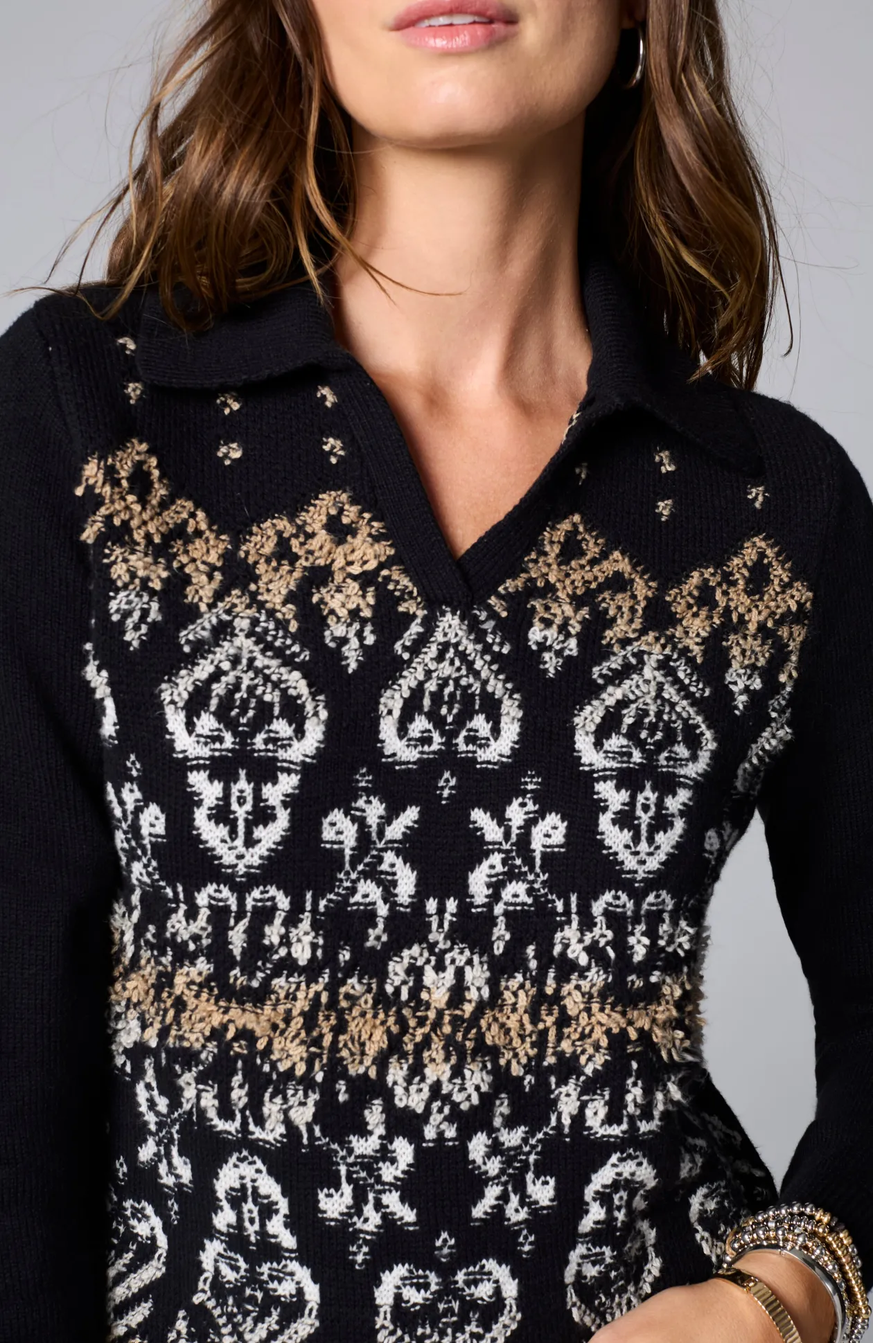Jacquard-Patterned Collared Sweater
