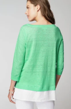 Layered-Hem Mixed-Media Linen Tunic