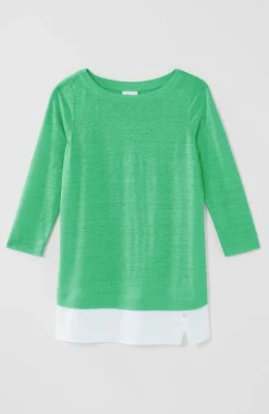 Layered-Hem Mixed-Media Linen Tunic