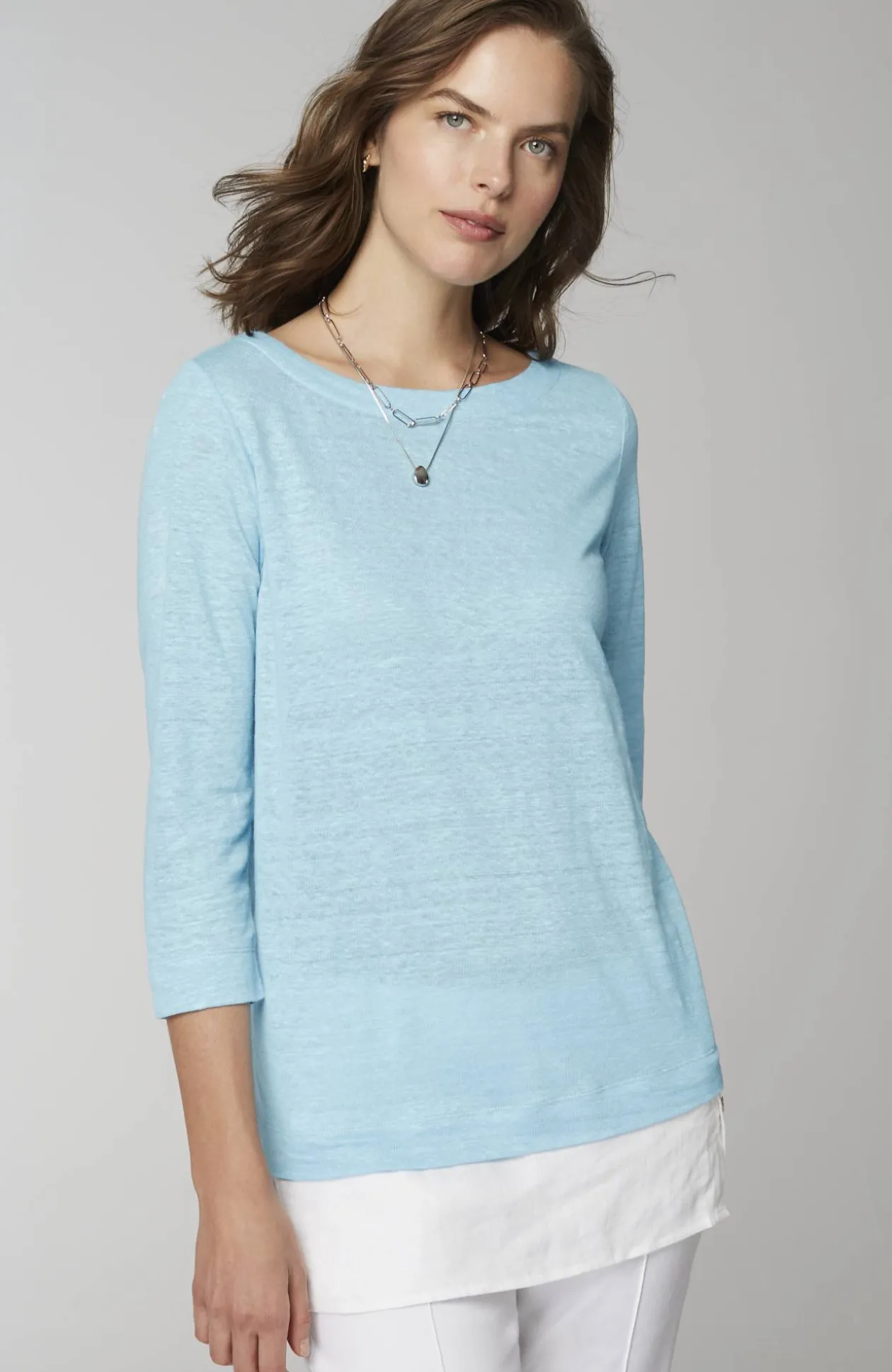 Layered-Hem Mixed-Media Linen Tunic