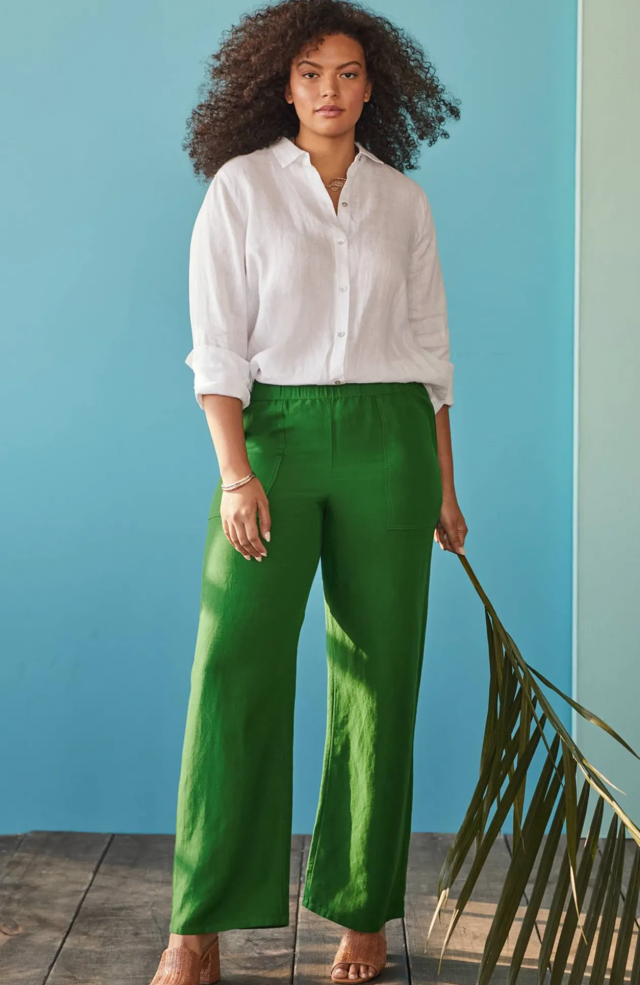 Linen & Rayon Patch-Pocket Wide-Leg Pants