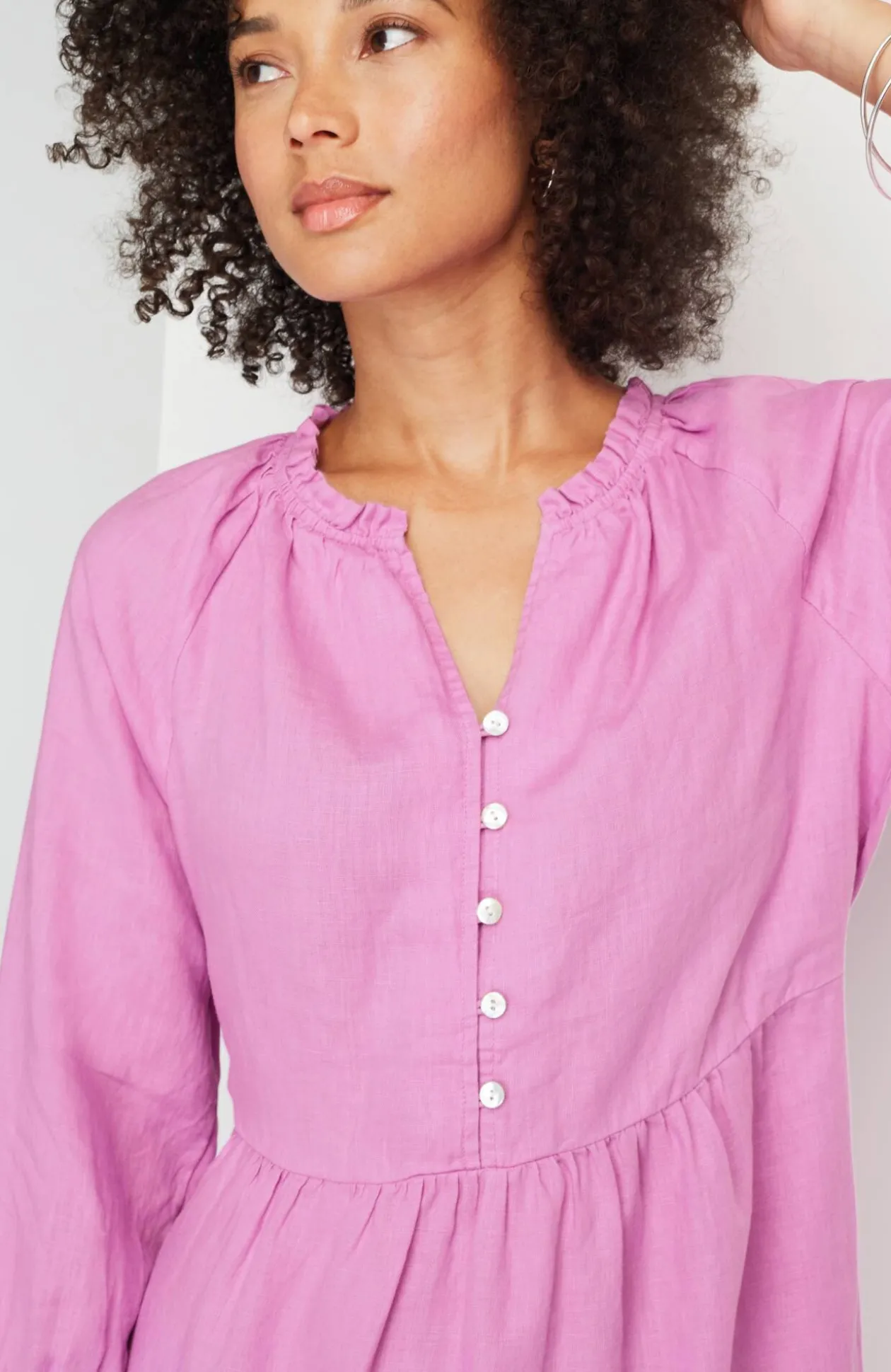 Linen Ruffled-Neck Dress