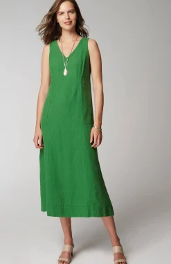 Linen Seamed V-Neck Midi Dress