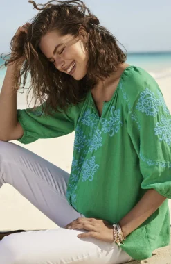 Linen-Blend Embroidered Top