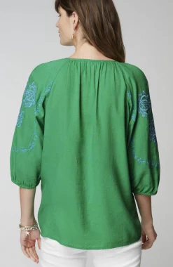 Linen-Blend Embroidered Top