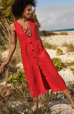 Linen-Blend V-Neck Button-Front Dress