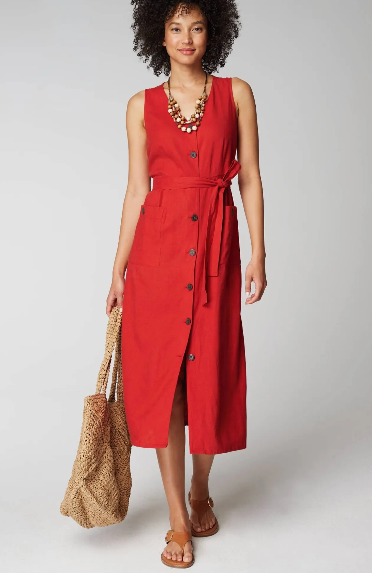 Linen-Blend V-Neck Button-Front Dress