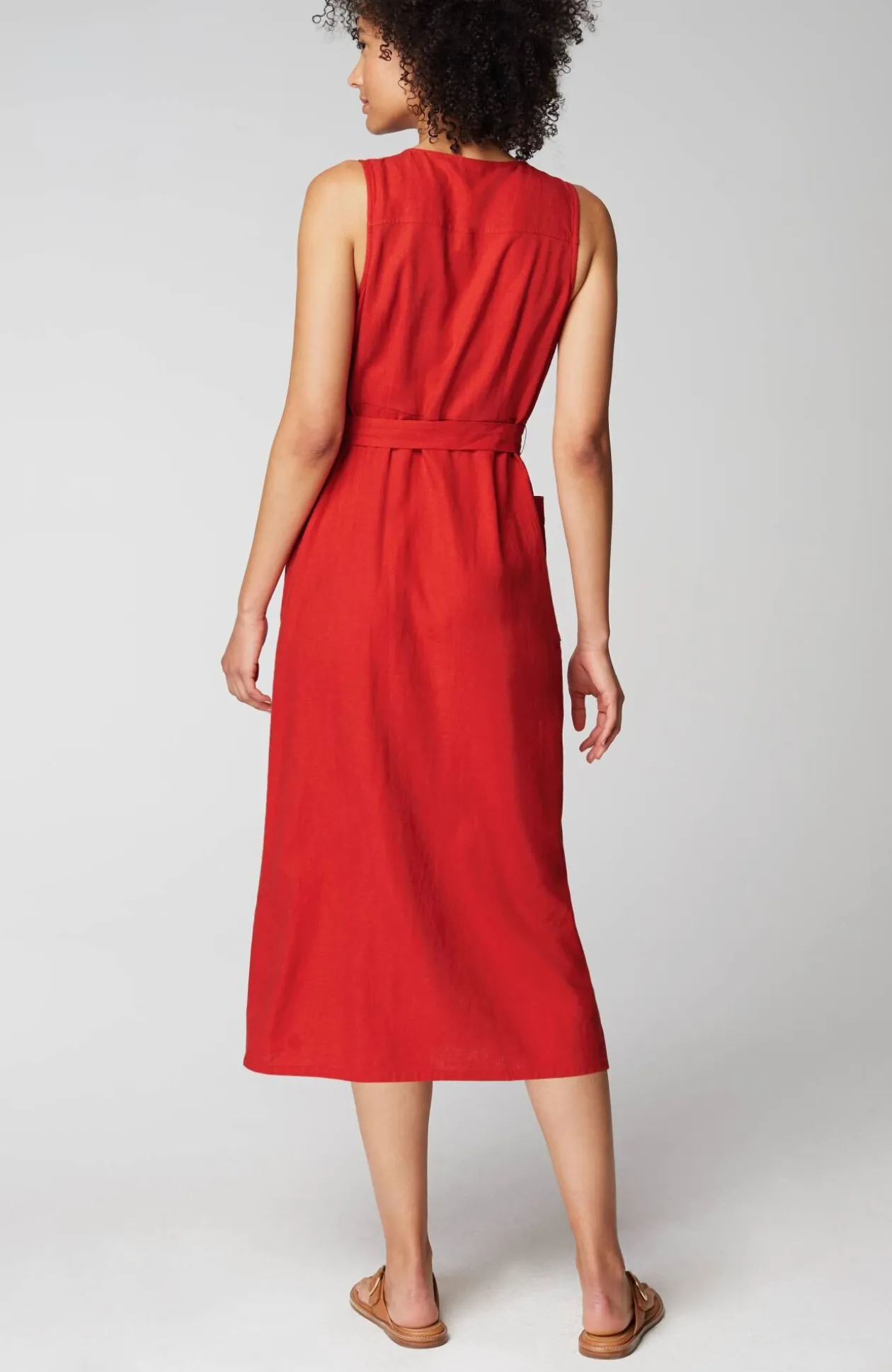 Linen-Blend V-Neck Button-Front Dress