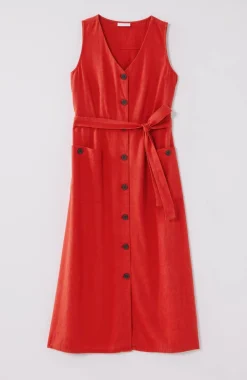 Linen-Blend V-Neck Button-Front Dress
