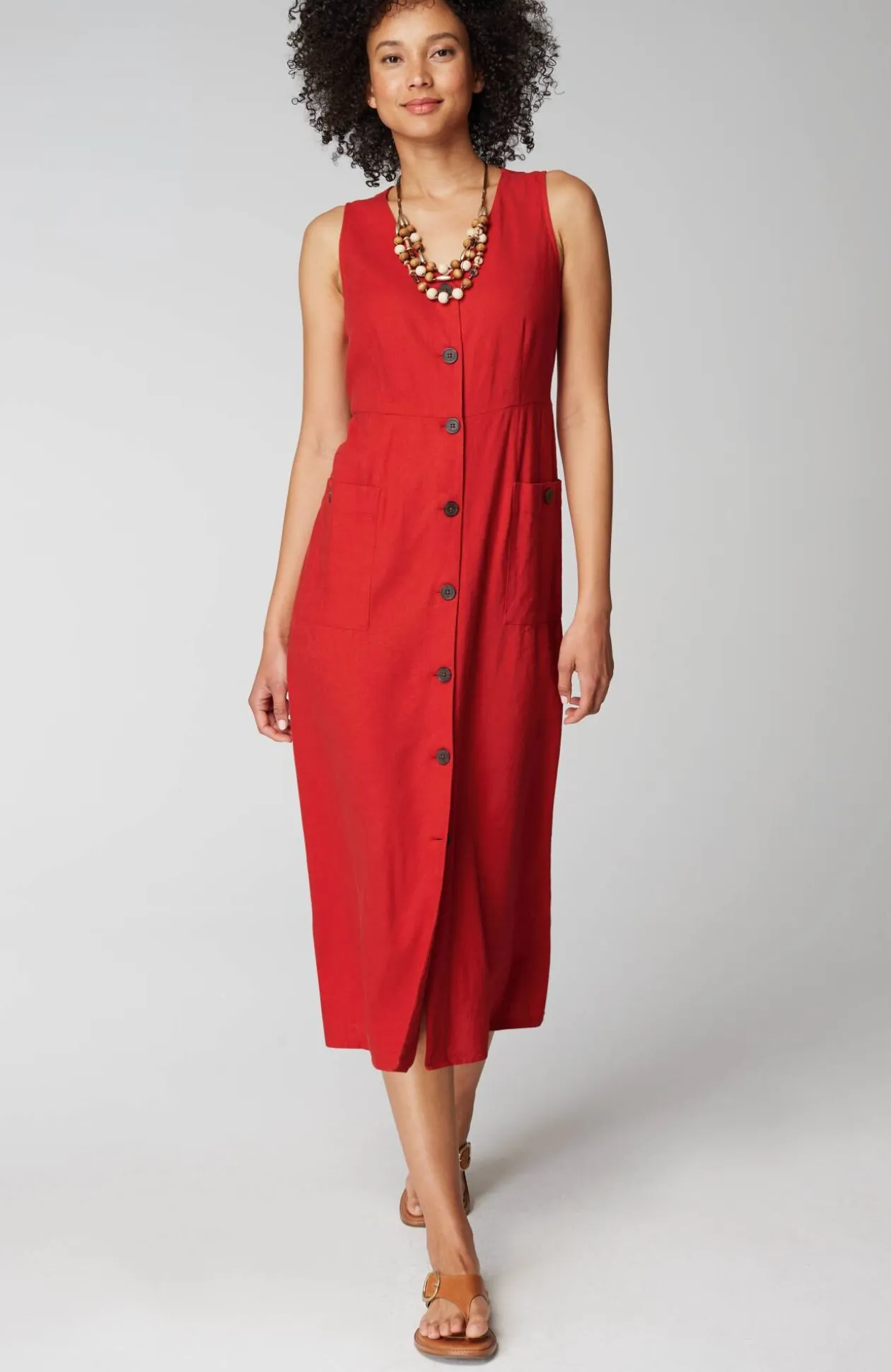 Linen-Blend V-Neck Button-Front Dress