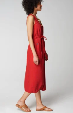 Linen-Blend V-Neck Button-Front Dress