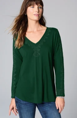 Metallic-Embroidered V-Neck Top