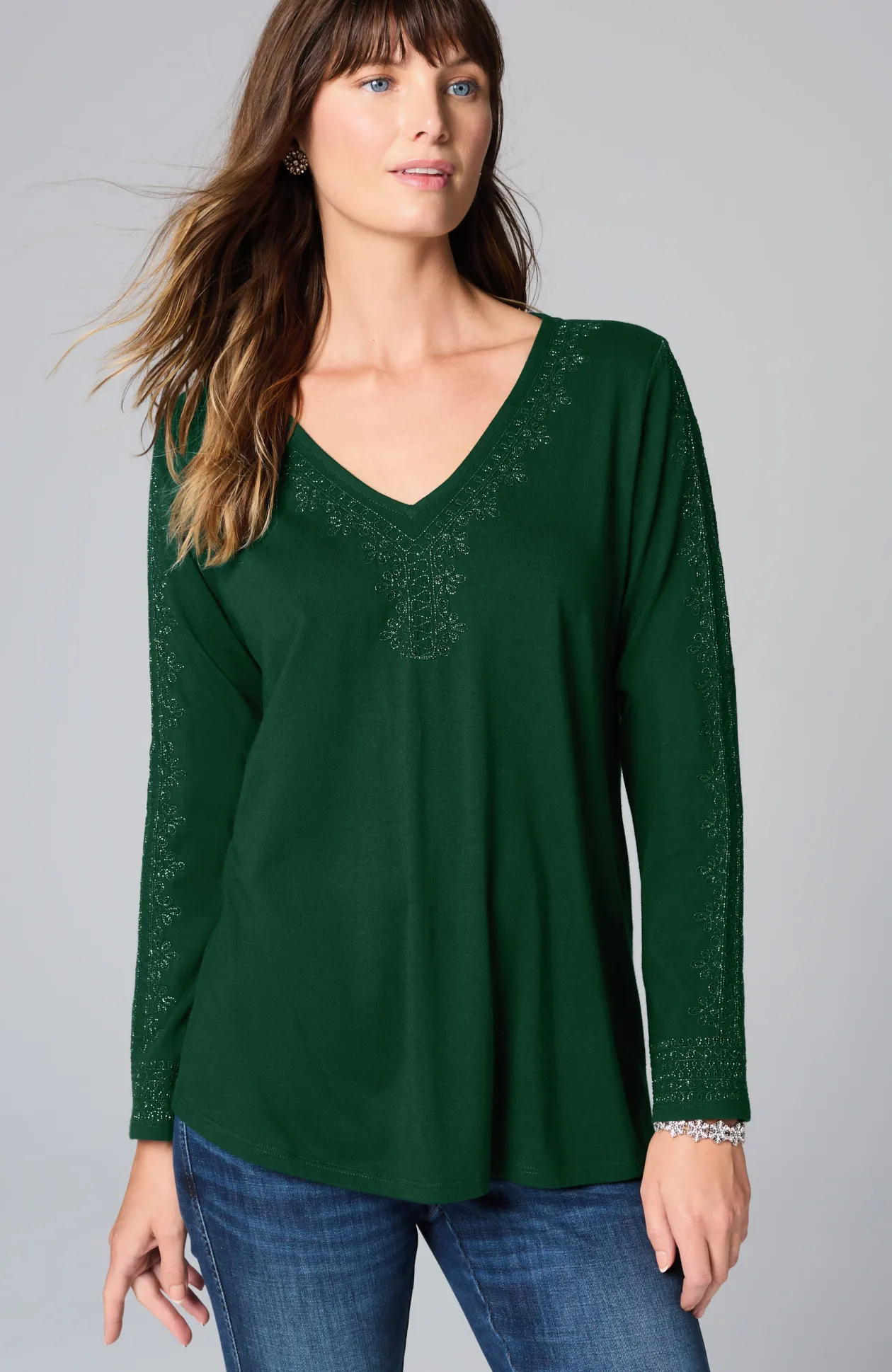 Metallic-Embroidered V-Neck Top