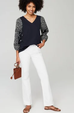 Mixed-Media Embroidered-Sleeve Top