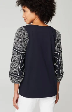 Mixed-Media Embroidered-Sleeve Top