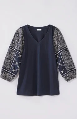 Mixed-Media Embroidered-Sleeve Top
