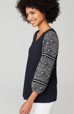Mixed-Media Embroidered-Sleeve Top