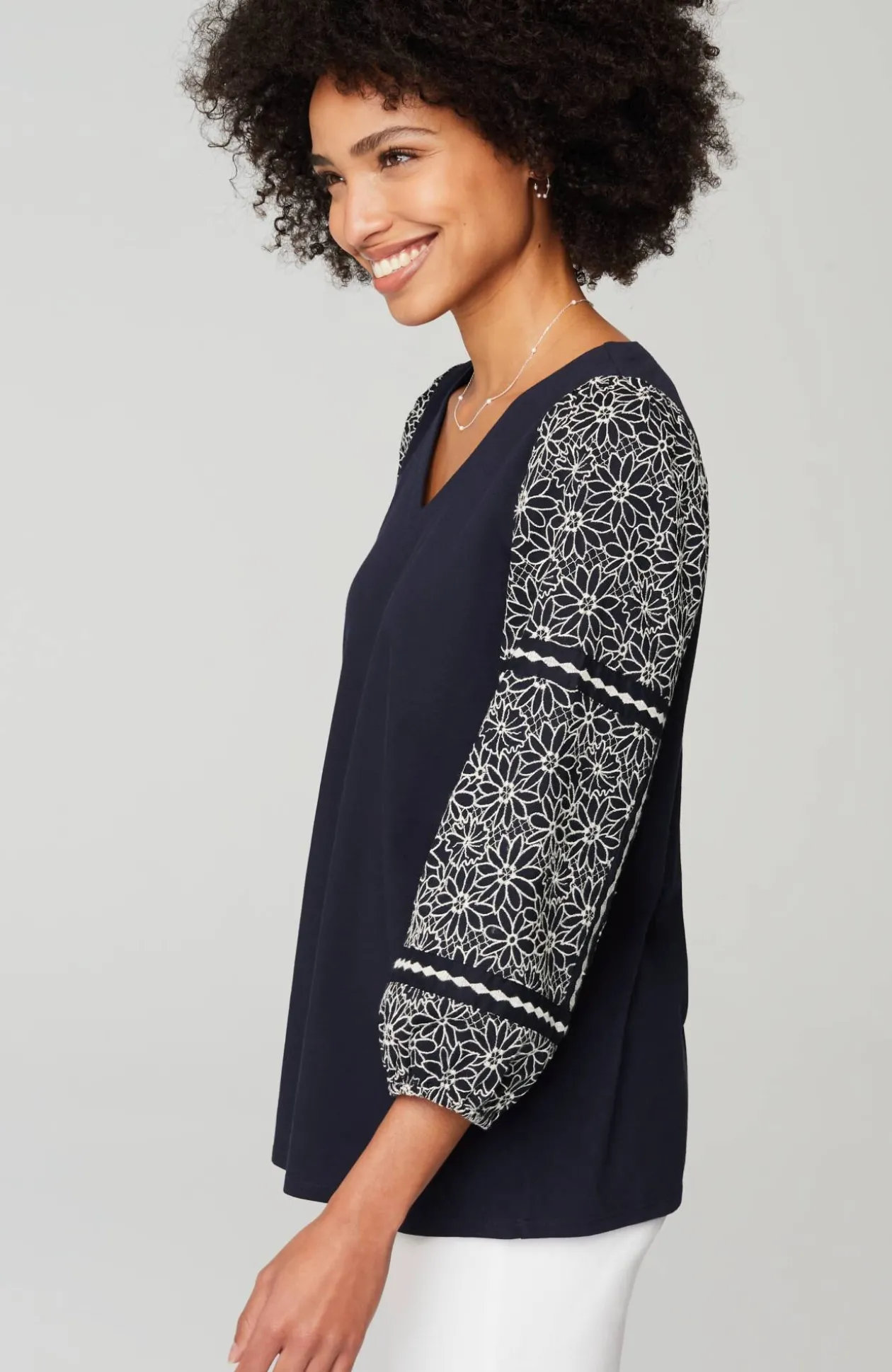 Mixed-Media Embroidered-Sleeve Top